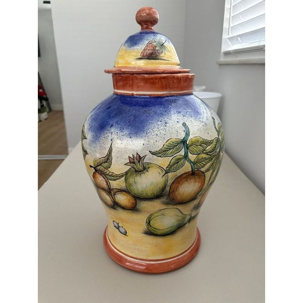 VTG Large Hand Painted Italian Ceramic Ginger Jar Fruit Motif‎ Lidded Urn 18.5